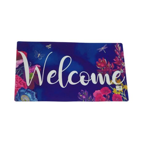 “Welcome” Welcome Mat - Blue with Pink Flower