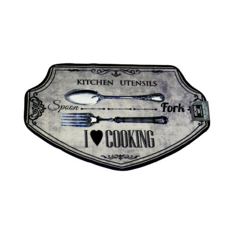 ‘Kitchen Utensils, Spoon, Fork, I Love Cooking’ Kitchen Mat, Grey, Black, Blue and White